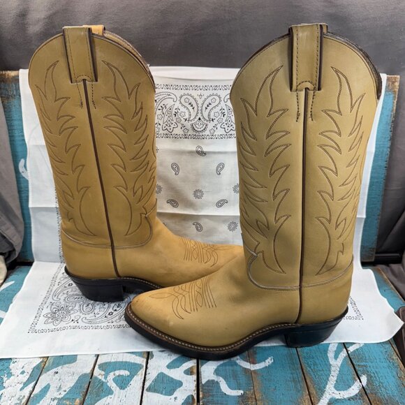 Vtg Justin Mule Hide Tan Western Work Cowboy Boots Mens 7.5D USA Made Cushioned - Picture 1 of 11